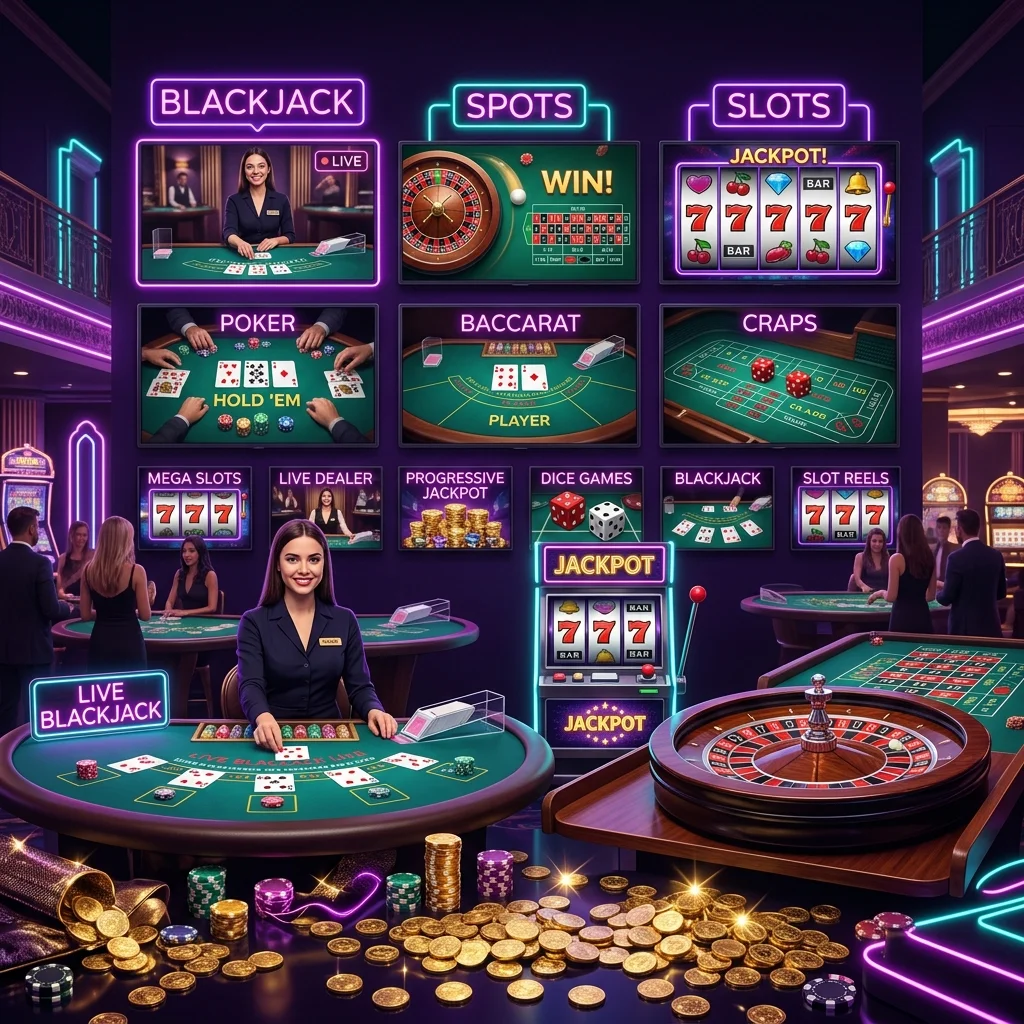 Galeria de tipos de jogos: blackjack ao vivo, slots, roleta e versão mobile